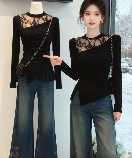 2026 봄 새로운 반하이넥 패션 패치워크 레이스 긴팔 티셔츠 여성 작은 대중 몸매 가꾸기 슬림해 보이는 인사이드 잡아라. 의류