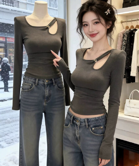 회색 라운드 넥 홀로우 아웃 금속 버클 몸매 가꾸기 티셔츠 여성 2026 봄 그리드 레이 부서 착용 가져 가라. 핫걸 불규칙 맨위