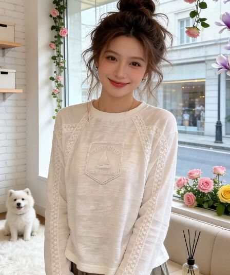 한 부서 느슨함 센스 라운드 넥 긴팔 티셔츠 여성 조기 봄 디자인 센스 패치워크 레이스 레이스 화이트 캐주얼 맨위