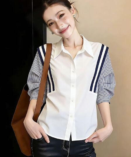 프랑스식 배색 반팔 스트라이프 여성 셔츠 여름 패션 품격 패치워크 셔츠 맨위