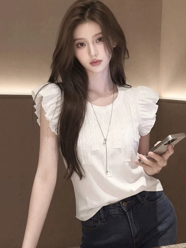 2026 새로운 한 부서 여름 프랑스식 부드러운 바람 거품 소매 화이트 맨위 여성 프릴 레이스업 캐주얼 티셔츠