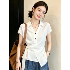 批发法式<b class='q'>白色</b>绑带收腰v领短袖<b class='q'>衬衫女</b>夏季小个子不规则衬衣翻领上衣