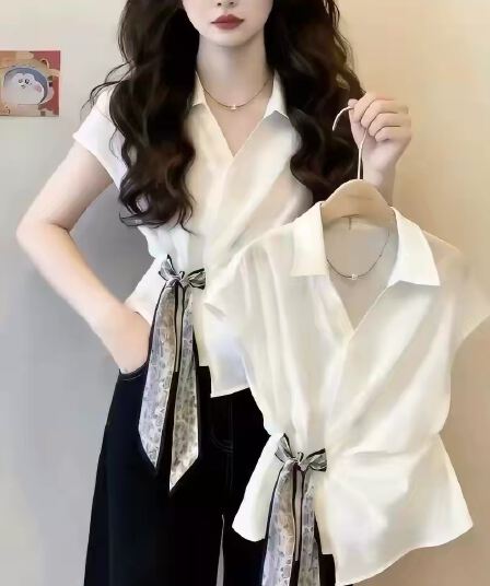 프랑스식 화이트 폴로 칼라 반팔 여성 셔츠 여름 디자인 센스 스카프 레이스업 품격 Chic 고유 한 아름다운 맨위