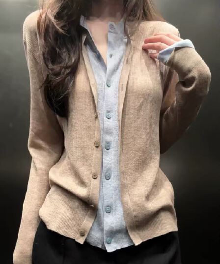 한 부서 느긋한 바람 긴팔 니트 오픈 가디건 여성 여름 얇은 스타일 루즈핏 캐주얼 디자인 센스 페이크 레이어드 맨위