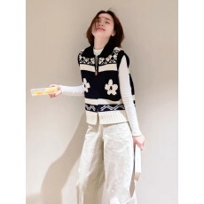 批发翻领提花针织开衫马甲背心韩系女秋季外穿马夹巨好看叠穿上衣