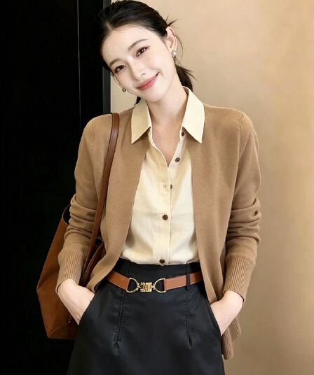 유럽 상품 오래된 돈 바람 2026 이른 가을 출퇴근 패치워크 셔츠 니트 스웨터 여성 레저 다용도 품격 페이크 레이어드 맨위