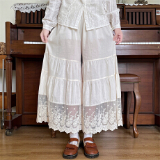 批发实拍实价~日系小清新松紧腰蕾丝拼接打底裤棉麻纯色阔腿裤女