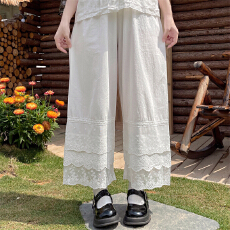 批发实拍实价~新款日系甜美棉麻纯色蕾丝拼接叠穿打底宽松阔腿裤