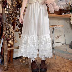 批发实拍实价~叠叠裤甜美设计蕾丝拼接层次感纯棉松紧腰阔腿裤女