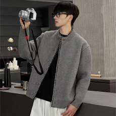 批发假两件针织开衫男士秋冬季新款<b class='q'>毛衣</b>外套休闲简约百搭格子情侣夹克