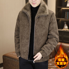 新款冬季男士加绒加厚鹿皮绒皮衣青年保暖皮毛一体正反俩穿外套