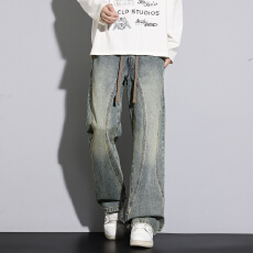 批发秋冬数据新款美式高街高级解构设计感氛围感直筒阔腿男弯刀牛仔裤