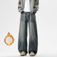 批发冬季加绒复古牛仔裤男潮牌直筒宽松微弯刀美式高街阔腿长裤子