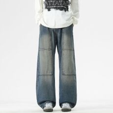 批发秋冬季新款牛仔裤美式复古高街原色阔型铆钉伐木牛仔裤男