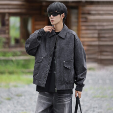 新款男士外套美式工装百搭时尚痞帅复古翻领美拉德水洗港风上衣