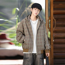 新款休闲夹克大码男外套美式工装痞帅复古连帽美拉德格纹港风上衣