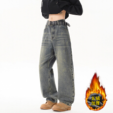 批发高品质高街风男款加绒牛仔裤直筒休闲裤子纯色显瘦显腿长超爆款