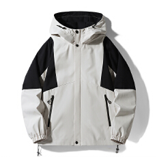 秋冬新款夹克防水防风防污冲锋衣情侣款拼色宽松版连帽外套