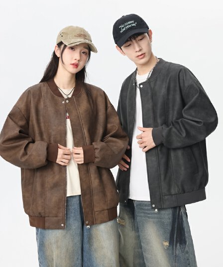 pu 가죽 재킷 트렌드 레트로 재킷 남녀 같은 단락 오토바이 서비스 커플 섹션 재킷