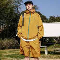 批发轻薄透气情侣防晒套装夏季<b class='q'>男</b>女同款连帽防晒衫短裤户外休闲两件套