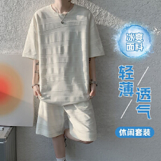 新款圆领短袖套装男休闲运动短袖T恤青少年潮流宽松五分裤两件套