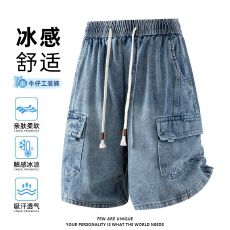批发美式潮牌牛仔工装裤多口袋男士夏季五分裤短裤休闲直筒百搭中<b class='q'>裤子</b>