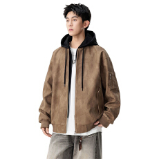 M-8XL加大假两件水洗皮夹克男春秋情侣PU皮衣连帽外套痞帅机车服