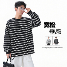 批发高品质2026<b class='q'>秋</b>冬棉质卫衣男女同款条纹长袖T恤情侣款休闲圆领上衣