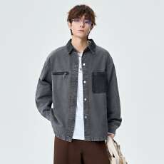 批发水洗做旧拼接衬衫外套男士<b class='q'>时尚</b>撞色夹克男女同款翻领牛仔外套上衣
