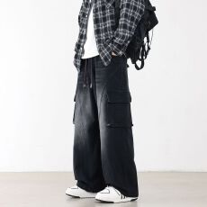 批发跨境潮牌2026春秋季新款多口袋大码工装牛仔裤男士美式水洗直筒裤