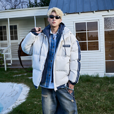 批发臂袖条纹保暖棉服男2026秋冬撞色连帽假两件棉衣女情侣面包服外套
