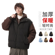 批发美式假两件连帽棉服男款秋冬季加厚保暖面包服情侣外套抗寒棉衣女