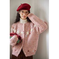 批发费尔岛粉色毛衣外套女2025新款手工绣花慵懒圆领针织<b class='q'>开衫</b>