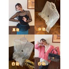 批发百搭<b class='q'>蕾丝衫</b>2025韩版宽松荷叶领镂空洋气内搭透视网纱打底衫女3876