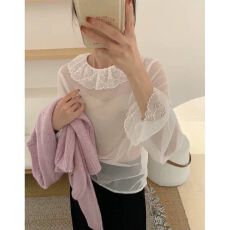 批发百搭<b class='q'>蕾丝衫</b>2025韩版宽松荷叶领镂空洋气内搭透视网纱打底衫女3878