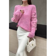 批发欧货<b class='q'>正品</b>秋冬新款时尚百搭显瘦宽松气质高雅长袖钉珠针织上衣3880