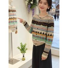 批发美国花雨伞新年轻奢复古民族风开衫毛衣外套3006