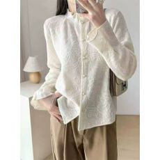 批发欧货羊毛<b class='q'>欧根纱</b>洋气半高领木耳边微喇提花针织开衫女毛衣5039