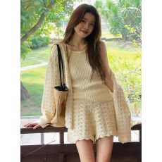 批发休闲套装慵懒<b class='q'>百搭</b>长袖开衫<b class='q'>外套</b>挂脖无袖上衣镂空短裤三件套5116