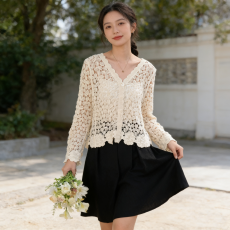 钩花镂空针织防晒开衫女春秋大码胖mm纯欲风微透上衣短款罩衫5126