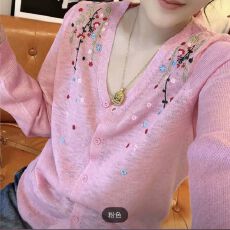 批发新款薄款v领单排扣提花刺绣<b class='q'>针织</b><b class='q'>开衫</b>女百搭显瘦长袖上衣5136