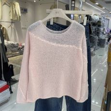 批发韩系高级感拼织带条丝光羊毛针织衫女26春季宽松百搭<b class='q'>上衣</b>5137