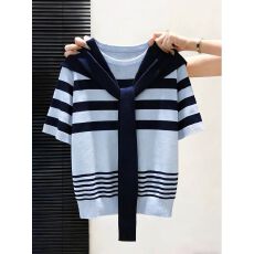 批发2026新款蓝色海军领短袖条纹上衣显瘦百搭女t恤5203