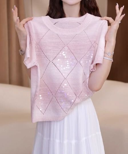 핑크색 스팽글 링 그리드 반팔 니트 스웨터 여성 여름 연령 감소 티셔츠 새로운 캐주얼 느긋한 바람 맨위