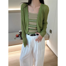 批发<b class='q'>欧洲</b>站夏季甜美韩系风条纹拼色吊带背心+短款坑条开衫两件套5195