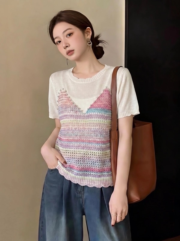 도파민 연령 감소 비즈 박기 페이크 레이어드 맨위 여성 여름 빅 사이즈 통통한 여동생 패션 외국 가스 다용도 티셔츠 5225