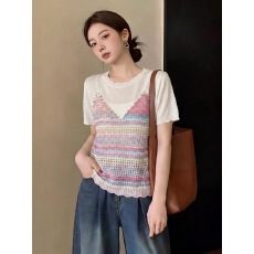 批发多巴胺减龄钉珠假两件上衣女夏季大码胖妹妹时尚洋气百搭T恤5225