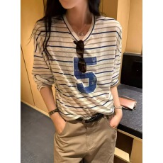 批发冰丝条纹防晒衣女夏季薄款宽松数字印花<b class='q'>长袖</b>t恤撞色显瘦罩衫
