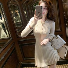 批发法式针织连衣裙女<b class='q'>春</b>秋新款内搭百褶裙毛衣打底裙子