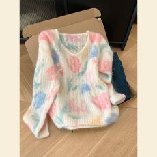 高货爆款甜美温柔风重工钉珠印花毛衣女秋冬宽松外穿